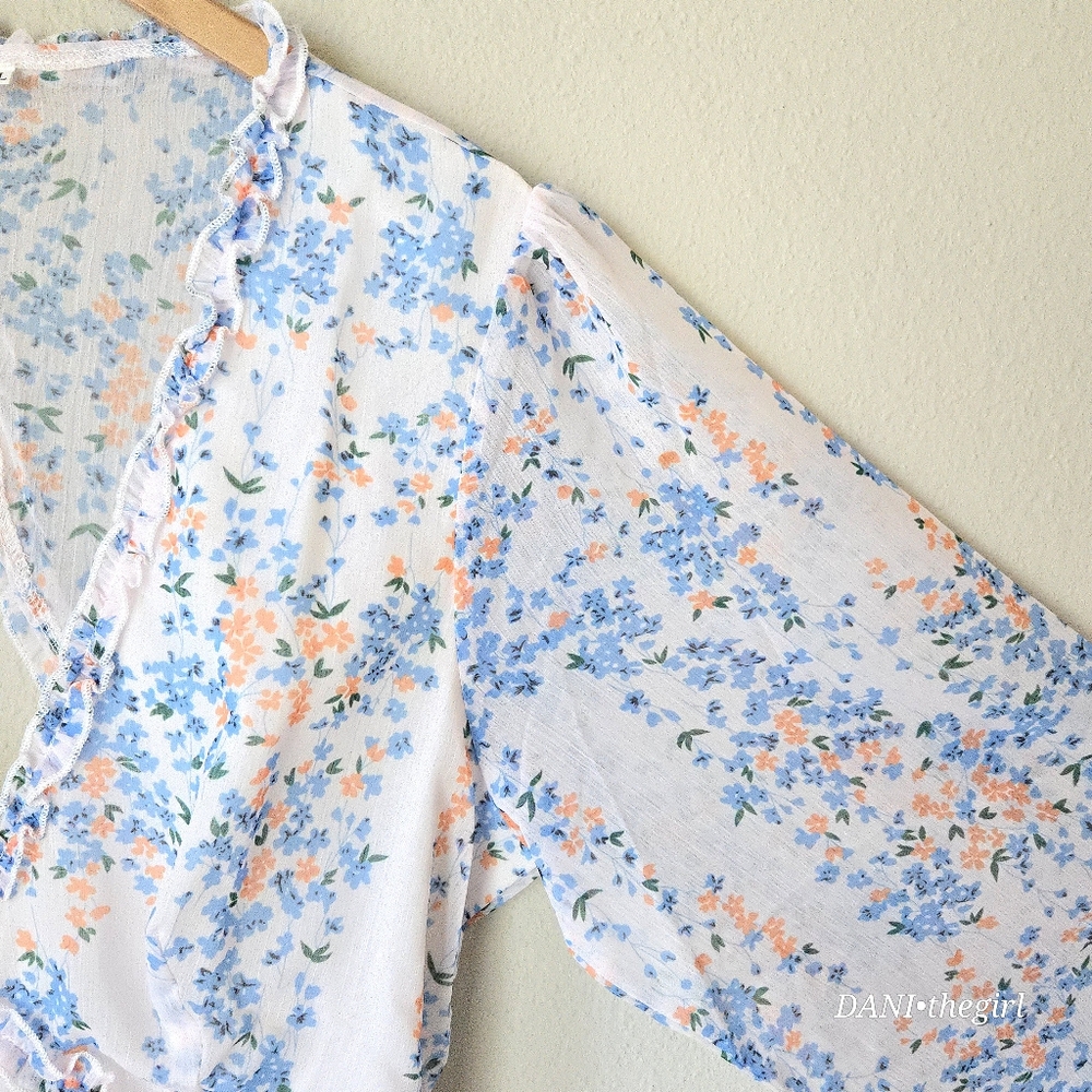Floral Chiffon Open Back Cutout Ruffle Trim Semi-Sheer Long Sleeve Dress - Picture 8 of 15